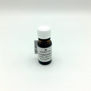 Die dunkelbraune runde Allroundflasche mit schwarzem Deckel mit Tropfeinsatz enthält 10ml einer gelblichen Mischung ätherischer Öle.