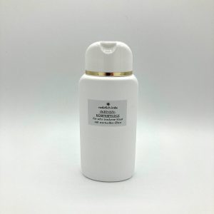 Die ovale, weiße 200ml-Lotionflasche aus HDPE mit ausklappbarem Verschluss und Goldrand.