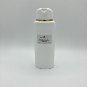 Die weiße, ovale 250ml-HDPE-Flasche mit ausklappbaren Verschluss mit Goldrand enthält eine gelbe, duftende Lotion.